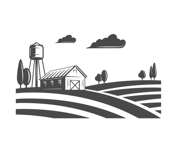 Paisaje y granja del pueblo aislado sobre fondo blanco. Ilustración vectorial - Vector, imagen