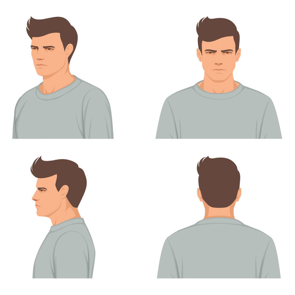 man, mannelijk gezichtsportret, Front, profiel, zijaanzicht en rug, vectorillustratie - Vector, afbeelding