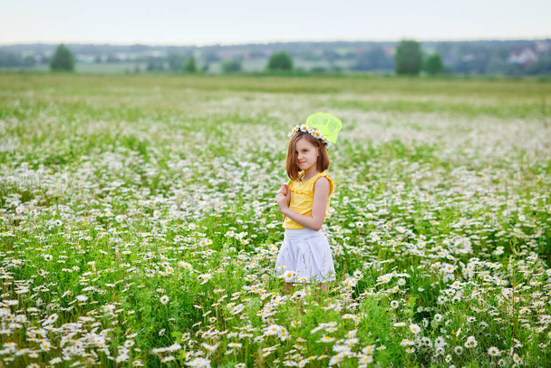 Uma linda garota da aldeia com uma coroa de flores na cabeça fica em um campo de margaridas e com uma rede de borboletas. Uma criança em um prado com camomiles.t. - Foto, Imagem