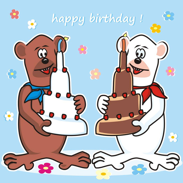 Birthday postcard, two bears, funny vector illustration - Vector, Image