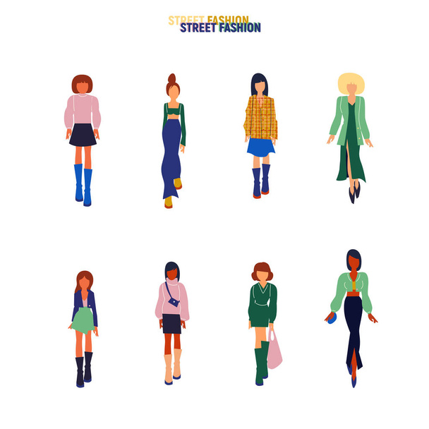 Collection of stylish young women dressed in trendy clothes. Vector fashion illustration. - Wektor, obraz