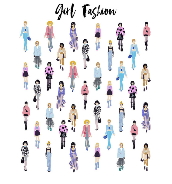 Stylish young women dressed in trendy clothes. Crowd of girls. - Vector, imagen