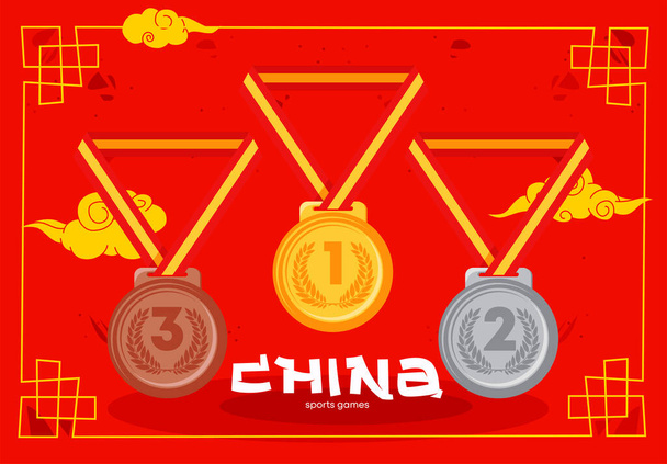  ilustración vectorial de las medallas de los ganadores para el primer, segundo y tercer lugar, medallas de oro, plata y bronce con una cinta roja para juegos deportivos internacionales sobre un fondo rojo con elementos de diseño de la cultura china - Vector, Imagen