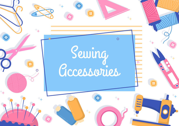 Tailor with Sewing, Cloth, Pincushion, Threads, Fashion Designer, Seamstress, Scissors and Measuring to Make Clothes in Flat Background Illustration - Вектор, зображення