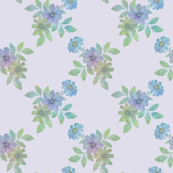 Watercolor flower prints with leaves repeating seamless pattern. Digital hand-drawn picture of flowers with a watercolor texture. endless motif for textile decor, wallpaper, packaging and design - Foto, Bild