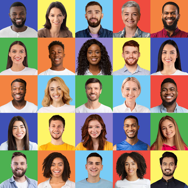 Emberi portrék mozaik változatos boldog férfiak és nők színes stúdió háttérrel - Fotó, kép