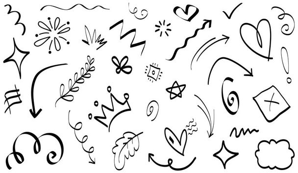 Αφηρημένα βέλη, κορδέλες, κορώνες, καρδιές, εκρήξεις και άλλα στοιχεία στο χέρι που στυλ για το σχεδιασμό έννοια. Εικονογράφηση Doodle. Διανυσματικό πρότυπο για διακόσμηση - Διάνυσμα, εικόνα