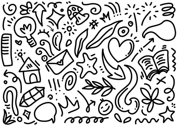Abstraktní šipky, stuhy, koruny, srdce, výbuchy a další prvky v ručně kresleném stylu pro koncept designu. Doodle ilustrace. Vektorová šablona pro dekoraci - Vektor, obrázek