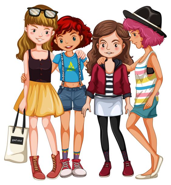 Gruppe von Teenager-Mädchen auf weißem Hintergrund Illustration - Vektor, Bild