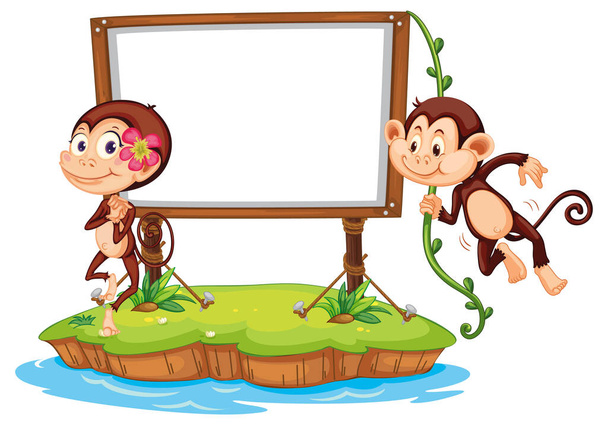白い背景のイラストの上に白い板でかわいい猿 - ベクター画像