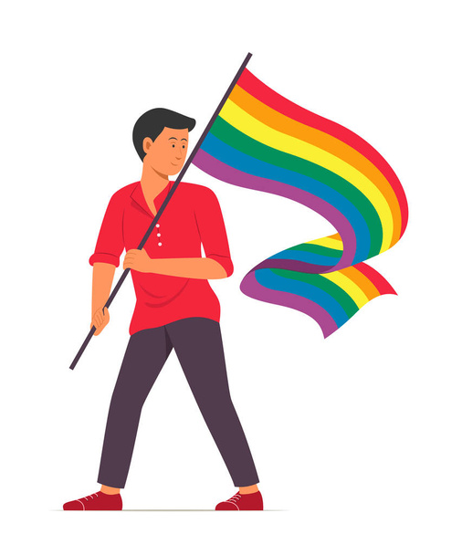 LGBT Hareketi için Gökkuşağı Bayrağı Tutan Adam. - Vektör, Görsel