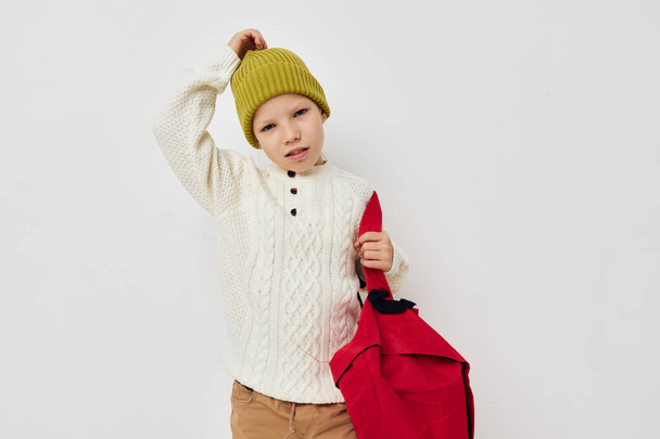 cute girl red backpack stylish clothes childhood unaltered - Foto, Imagem