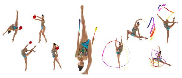 Collage of professional rhytmic gymnast, young woman practising, training isolated over white background - Photo, Image