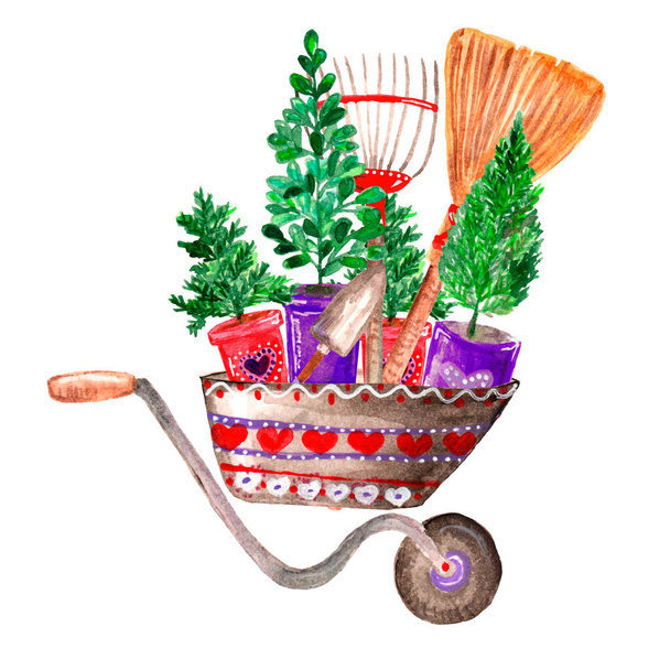 Watercolor illustration decorative garden wheelbarrow with seedlings, flowers and tools, rake, broom, gardening - Photo, Image