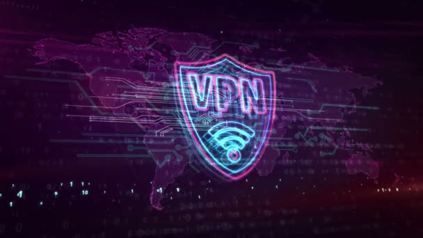 VPN neon sign concept, virtueel privé netwerksymbool, beveiligingsverbinding, encryptie tunnel verbindingstechnologie. Loopbare en naadloze 3d weergave abstracte animatie. - Video