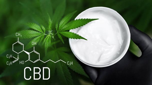 CBD Cannabis Creams for Pain. Cosmetic cream for skin care from hemp. CBD Chemical Formula. Cannabidiol molecular structural chemical formula. Natural cosmetics - Photo, Image