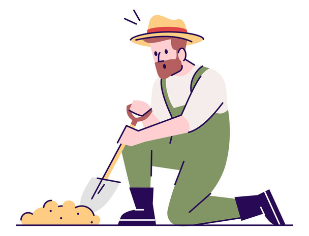 Excited farmer with shovel semi flat RGB color vector illustration. Sitting figure. Historical research. Person with experience in archaeological field isolated cartoon character on white background - Вектор,изображение