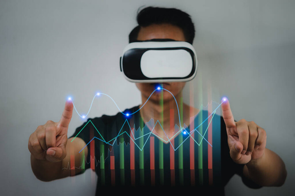 Virtual Experience VR Business Marketing Verkaufsmedien Diagramm Daten Diagramm digitale Welt metaverse Hintergrund. Technologie zur Analyse digitaler Marketingdaten. - Foto, Bild