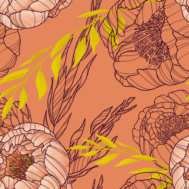 Pfingstrosen nahtloses Muster. Grafische Knospen und Blätter auf rot. Illustration für Verpackung, Verkleidung, Tapete, Textil - Foto, Bild
