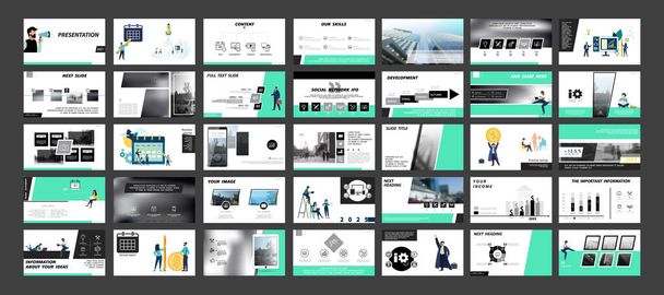 Επιχειρηματική παρουσίαση, έναρξη ενός νέου επιχειρηματικού σχεδίου. Infographic design template, πράσινο, μαύρα στοιχεία, λευκό φόντο, set. Μια ομάδα ανθρώπων δημιουργεί μια επιχείρηση, ομαδική δουλειά.Mobile app, corporate, project television collage, monitor, photo image - Διάνυσμα, εικόνα