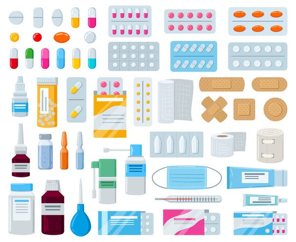 Мультфильм аптеки лекарства, таблетки бутылки, лекарства и пластыри. Комплект векторной иллюстрации лекарств, спреев и фармацевтического оборудования для больниц. Аптечные элементы - Вектор,изображение