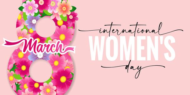 Nemzetközi nőnap március 8-án elegáns betű és rózsaszín virágok. Boldog nőnapi üdvözlőlapot erős és elegáns vektorszöveggel - Vektor, kép