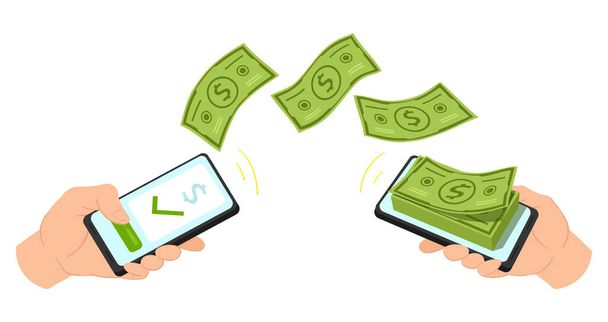 漫画のお金の支払い、モバイル銀行の電子取引。オンラインモバイルアプリベクトルイラストを介してお金を転送します。人々はオンラインでお金を送受信する - ベクター画像
