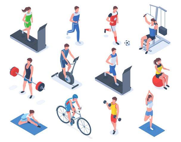 Isometric sport people, fitness, gym and yoga. People training on exercise bike and treadmill vector illustration set. Barbell lifting and football characters - Vector, Image
