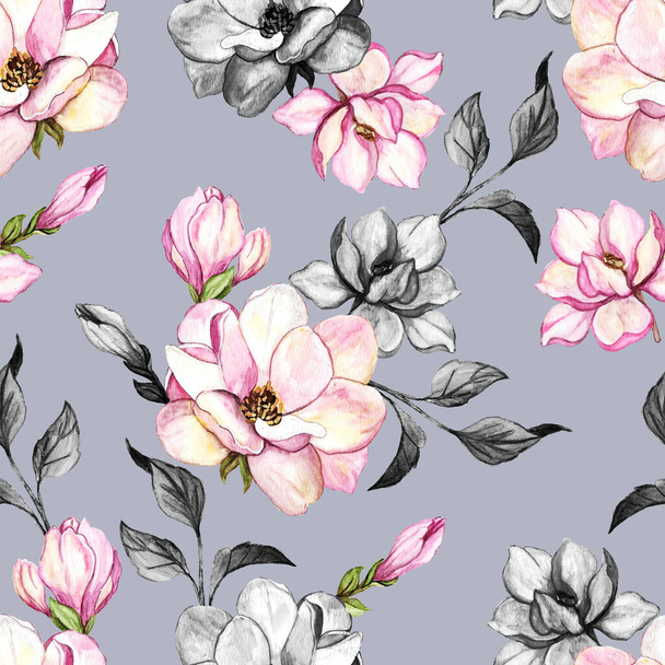 Hand drawn pink magnolia flowers pattern for wallpaper, textile, surface, fashion, background, tile, stationary, home decor, furnishing etc. - Valokuva, kuva