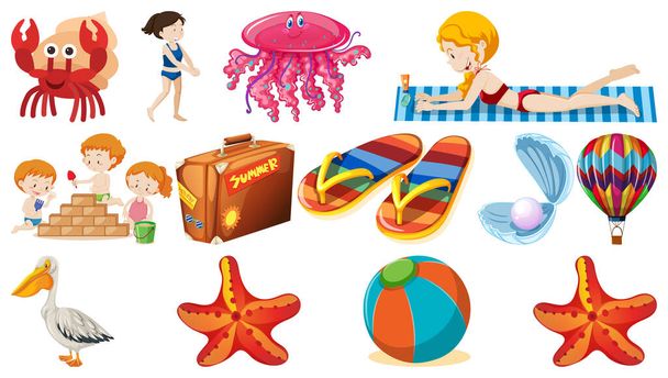 Conjunto de objetos de playa de verano y personajes de dibujos animados ilustración - Vector, imagen