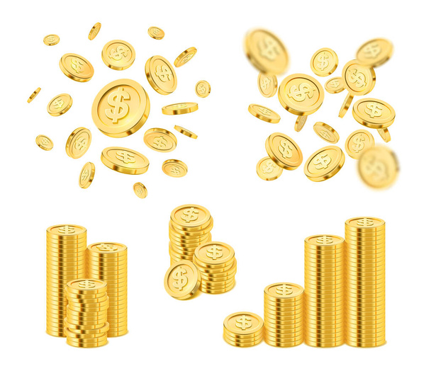 Realistické zlaté mince stack a klesající dolary - Vektor, obrázek