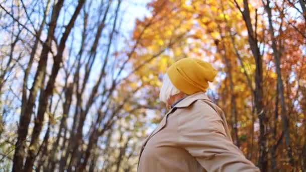 Happy 50s nainen kirkkaan tyylikkäitä vaatteita pitkä keltainen huivi nauttia yksin metsässä värikkäitä lehtiä syksyllä. Matkustuskäsite. - Materiaali, video