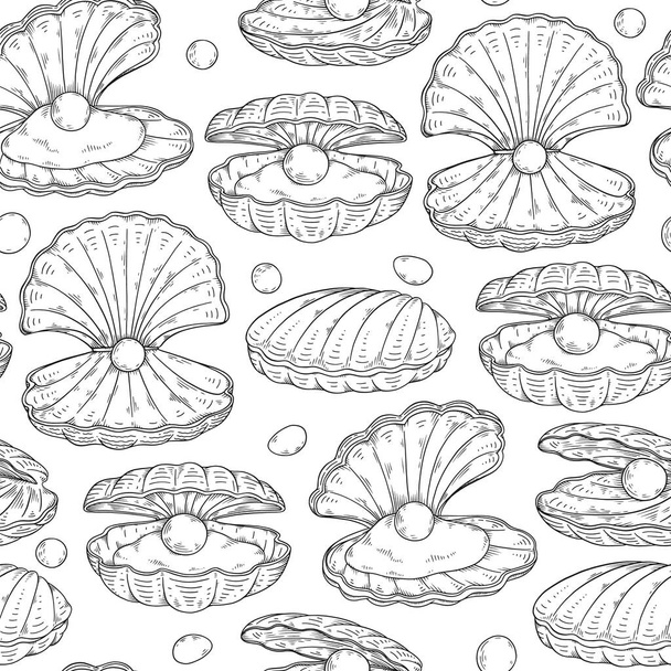Seamless decorative pattern with pearls in shells, sketch vector illustration. - Vektor, Bild