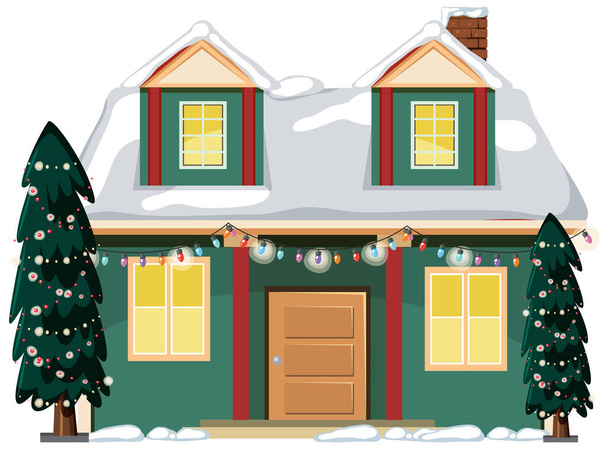 Snow covered house with Christmas light string illustration - Vector, Image