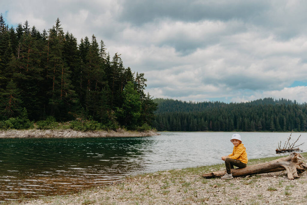 Menino sentado no tronco perto do lago da montanha. Um menino solitário senta-se calmamente e olha em frente para uma bela vista das montanhas. pequeno menino lago mn, pequeno menino lago resort - Foto, Imagem