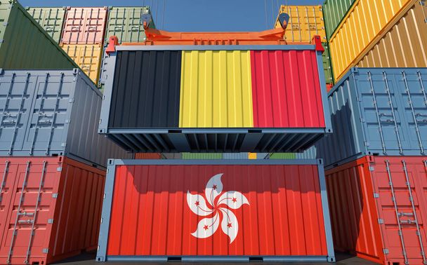 Freight containers with Belgium and Hong Kong flags. 3D Rendering  - Foto, Imagen