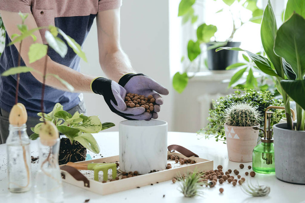 Beautiful process of home gardening. Young woman gardener takes care of green plants in stylish marble ceramic pots on the white wooden table. Plants love. Concept of home garden. Spring time. Stylish interior with a lot of plants. Taking care of hom - Foto, Imagen
