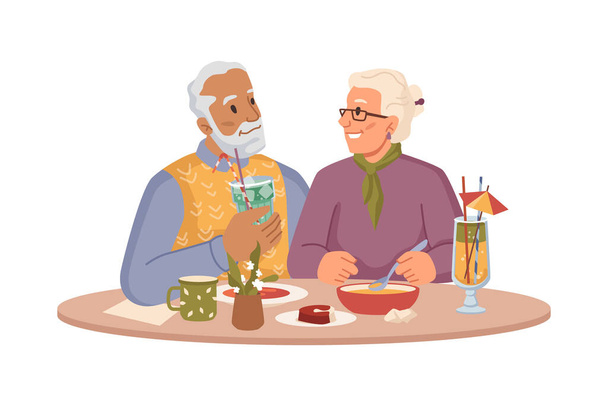 Пожилые люди, влюбленная пара в ресторане - Вектор,изображение
