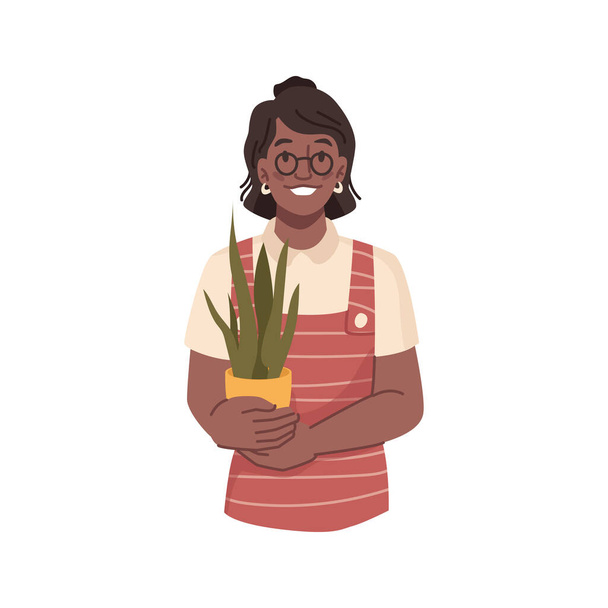Žena pěstování květin v květináči, květináč botanika - Vektor, obrázek