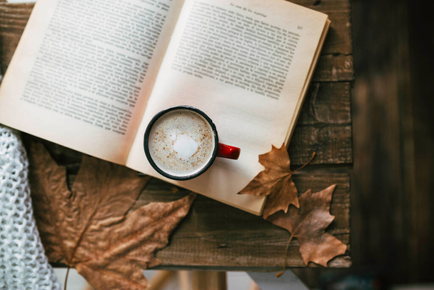Coffee with mil cocoa and cinnamon. Reading a book in autumn. Wooden table with autumnal leaves. Morning routine. - Фото, зображення