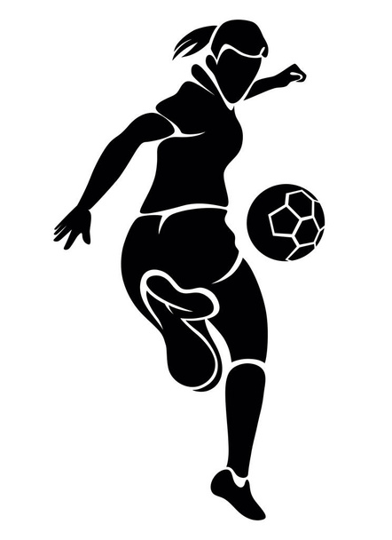 Černá a bílá silueta ženského fotbalistky dominující míč - Vektor, obrázek