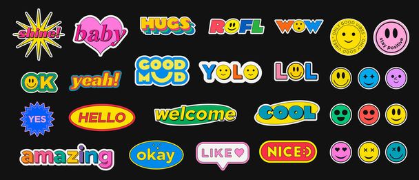 Cool Trendy Stickers Collection Набір різних фаз Патч-Векторний дизайн. Пакунок Йоло, Рофл, Лол і Вау Пінс. - Вектор, зображення