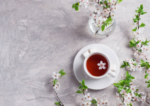 Flat lay witte thee kopje, kersenbloesem takken, op witte stenen tafel - Foto, afbeelding