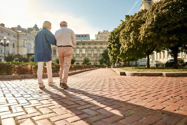 Vue arrière du couple élégant âgé marchant ensemble à l'extérieur - Photo, image