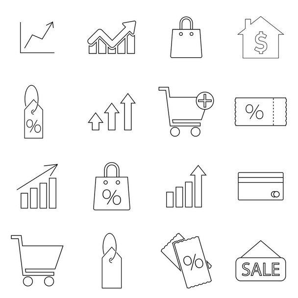 Sales line icons set, outline design. Money growth, graph, dolar growth, ticket on sale, sale tag, chart. Thin line vector set of signs for infographic, logo, app development and website design - Вектор,изображение
