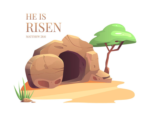 He is risen. Easter vector illustration. Cave. Empty tomb of Jesus. Scripture. - Vector, Image