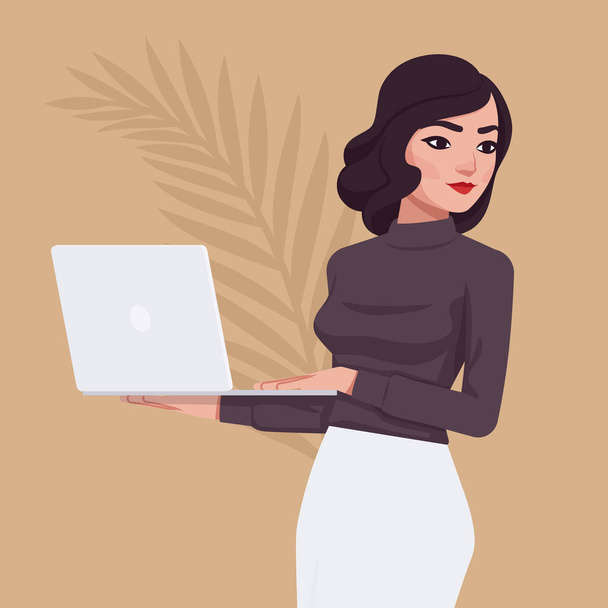 Kaunis liiketoiminnan nainen, tyylikäs liikenainen, naispuolinen johtaja kannettavalla tietokoneella - Vektori, kuva