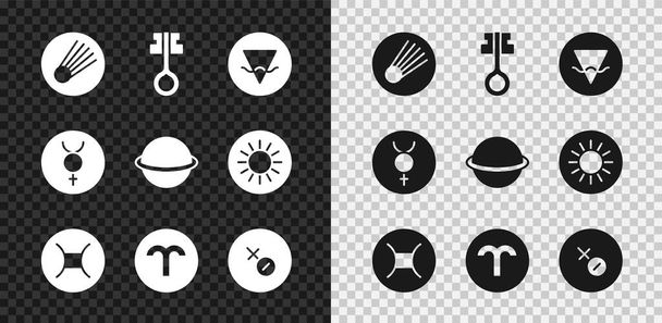 Set Komeet, Oude magische sleutel, Aarde element, Tweelingen dierenriem, Ram, Venus symbool, Symbool Mercurius en Planeet Saturnus icoon. Vector - Vector, afbeelding