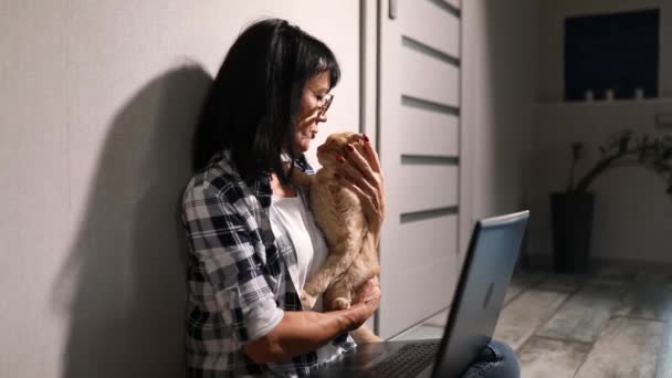 Mulher madura usar estilo confortável está trabalhando em um notebook preto, laptop e gato está deitado em seu colo, Trabalho em casa, Fique em casa, Trabalho de casa, freelance. Trabalho em casa. - Filmagem, Vídeo