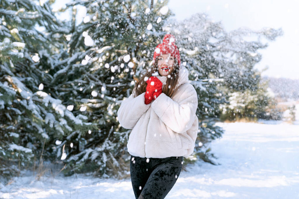 Portrét dívky rozostřený a zasněžený. Zimní les. - Fotografie, Obrázek